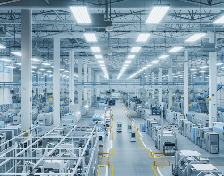 3d,Render:,Modern,Manufacturing,Plant,With,Advanced,Robotic,Arms,Operating